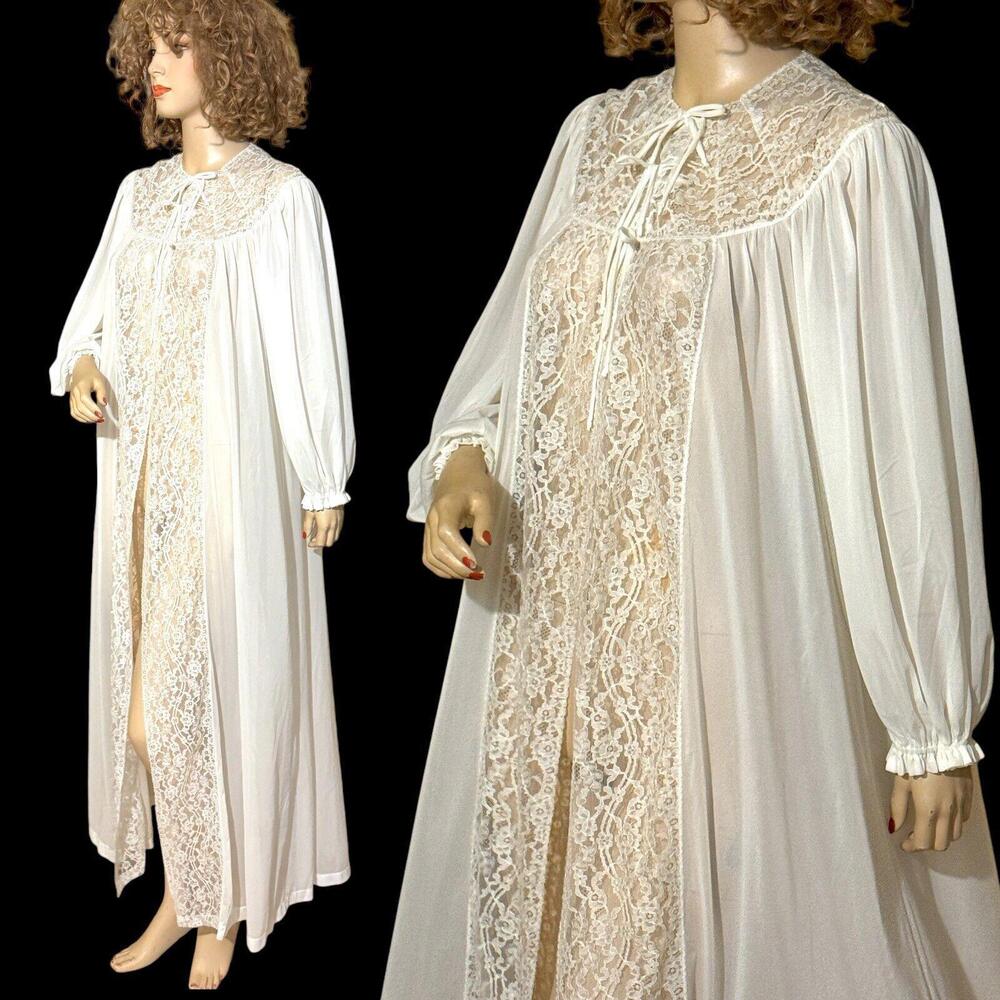 Vintage Radcliffe Wedding White Nylon W/ Lots Of Lace Long Peignoir Robe Sz L